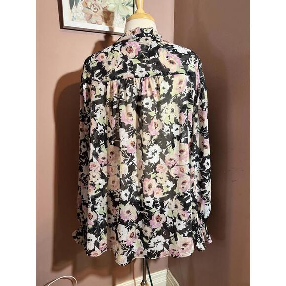 Torrid Crinkle Chiffon Raglan Tie Front Blouse Womens 3X Black Peasant Flowy - Picture 4 of 10